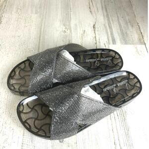 Lauren Lorraine Womens 10 Black Silver Jeweled Jelly Slides Slip On Sandals NEW